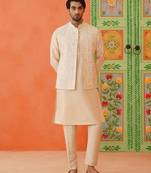 Cream chain stitch embroidery kurta jacket set