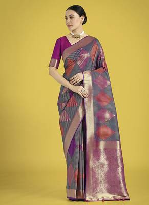 Multi colour banarasi satin silk blend zari weaving saree 2