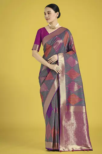 Multi colour banarasi satin silk blend zari weaving saree