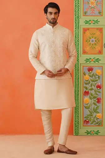 Cream chain stitch embroidery kurta jacket set