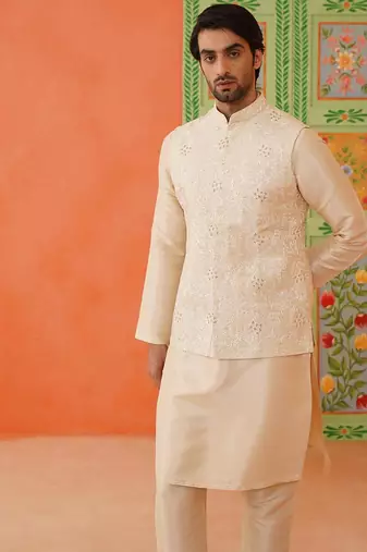 Cream chain stitch embroidery kurta jacket set