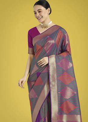 Multi colour banarasi satin silk blend zari weaving saree 3