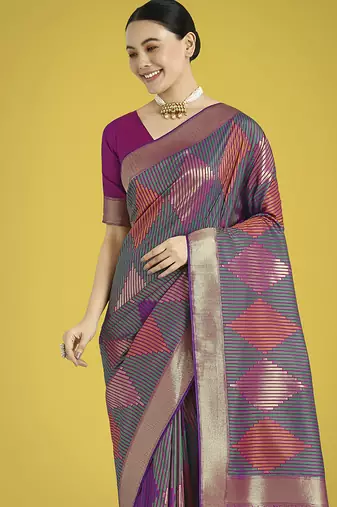 Multi colour banarasi satin silk blend zari weaving saree