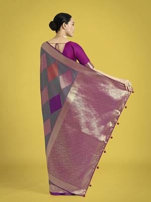Multi colour banarasi satin silk blend zari weaving saree 4