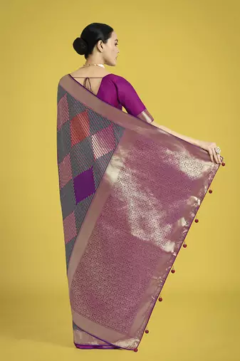 Multi colour banarasi satin silk blend zari weaving saree