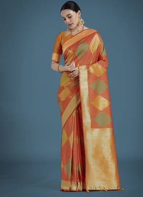 Orange colour banarasi satin silk blend zari weaving saree 1