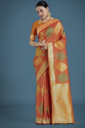 Orange colour banarasi satin silk zari weaving classic saree