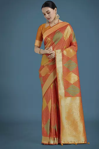 Orange colour banarasi satin silk zari weaving classic saree