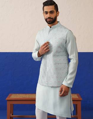 Blue embroidered jacket kurta set 1