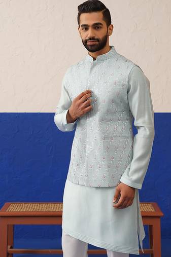 Blue embroidered jacket kurta set