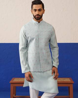 Blue embroidered jacket kurta set 2