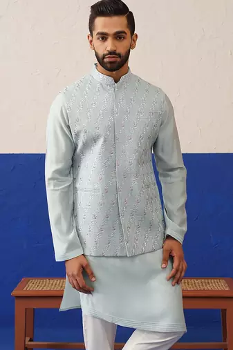 Blue embroidered jacket kurta set