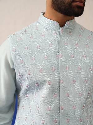 Blue embroidered jacket kurta set 3