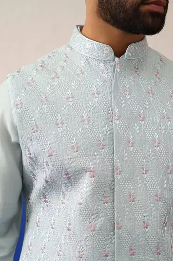 Blue embroidered jacket kurta set