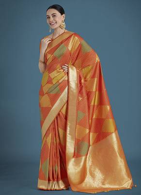 Orange colour banarasi satin silk blend zari weaving saree 2