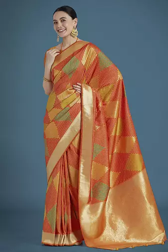 Orange colour banarasi satin silk blend zari weaving saree