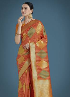 Orange colour banarasi satin silk blend zari weaving saree 3