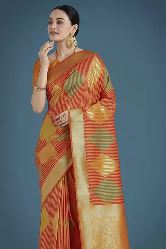 Orange colour banarasi satin silk blend zari weaving saree
