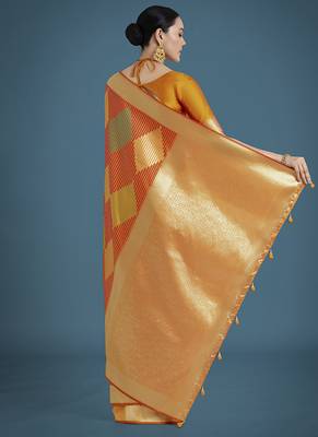 Orange colour banarasi satin silk blend zari weaving saree 4