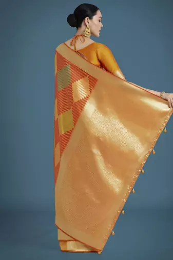 Orange colour banarasi satin silk blend zari weaving saree