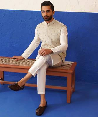 Cream colour velvet with self texture bundi set 2
