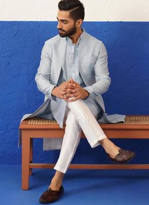 Aqua blue computer emb long bundi kurta set 1