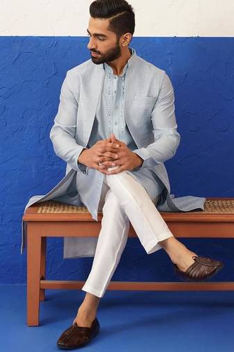 Aqua blue computer emb long bundi kurta set