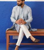 Aqua blue computer emb long bundi kurta set