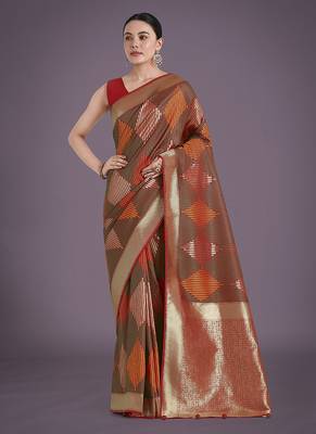 Red colour banarasi satin silk blend zari weaving saree 1