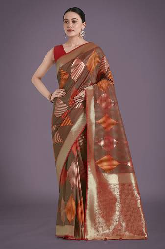 Red colour banarasi satin silk zari weaving classic saree