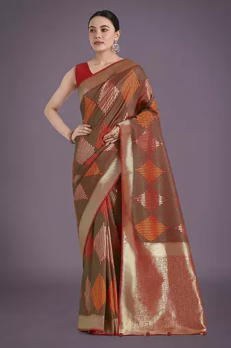 Red colour banarasi satin silk zari weaving classic saree