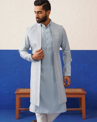 Aqua blue computer emb long bundi kurta set 2