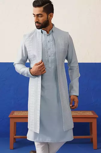 Aqua blue computer emb long bundi kurta set
