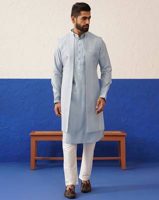 Aqua blue computer emb long bundi kurta set 3