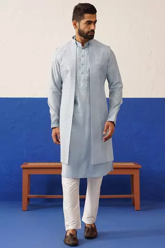 Aqua blue computer emb long bundi kurta set