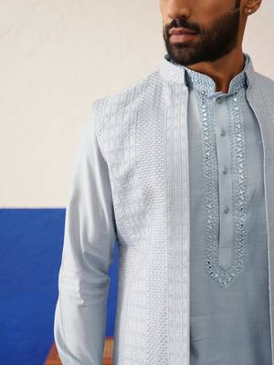 Aqua blue computer emb long bundi kurta set 4