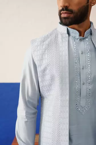 Aqua blue computer emb long bundi kurta set