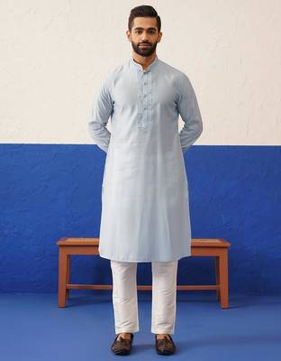 Aqua blue computer emb long bundi kurta set 5