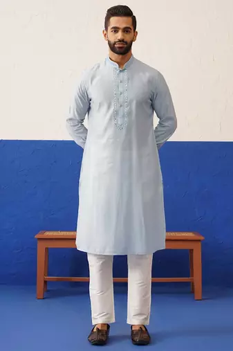 Aqua blue computer emb long bundi kurta set