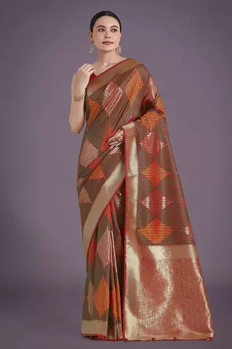 Red colour banarasi satin silk blend zari weaving saree