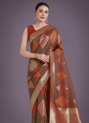Red colour banarasi satin silk blend zari weaving saree 3