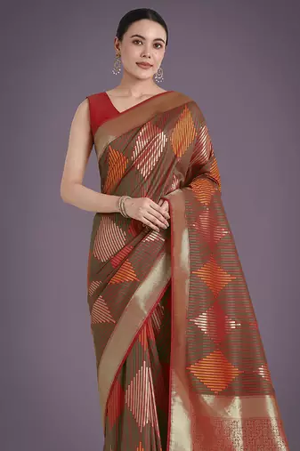 Red colour banarasi satin silk blend zari weaving saree