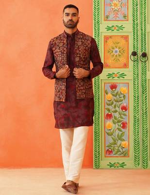 Maroon printed jacket kurta set 1