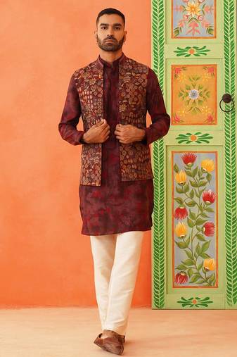 Maroon printed jacket kurta set