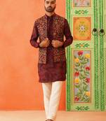 Maroon printed jacket kurta set