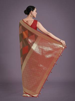 Red colour banarasi satin silk blend zari weaving saree 4