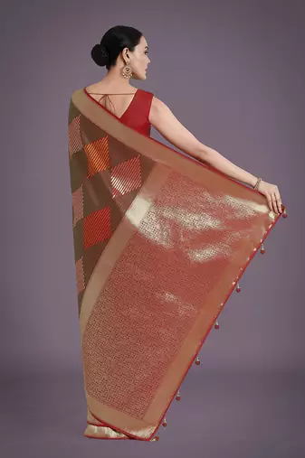 Red colour banarasi satin silk blend zari weaving saree