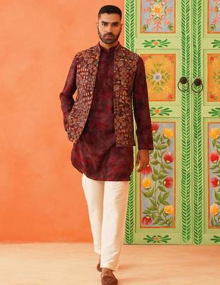 Maroon printed jacket kurta set 2
