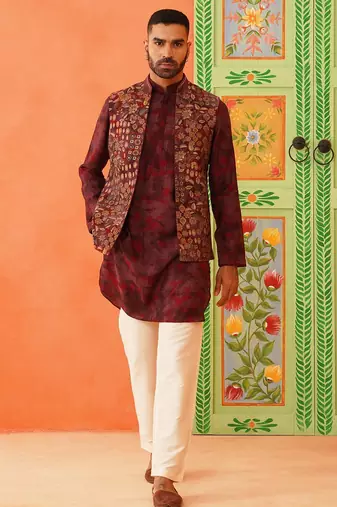 Maroon printed jacket kurta set