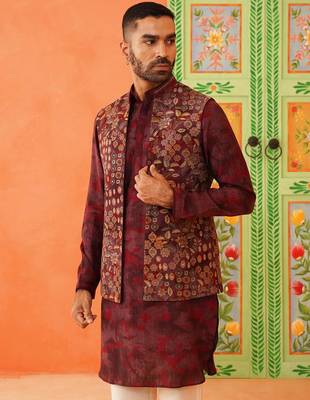 Maroon printed jacket kurta set 3